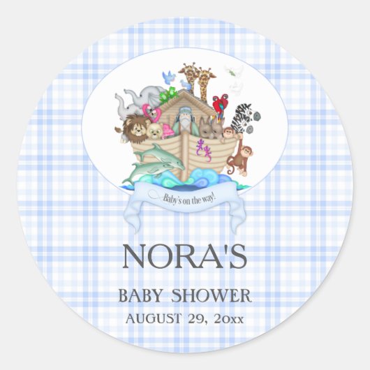 Sticker Rond Animaux de l'Arche de Noé Gingham Bleu (Devant)