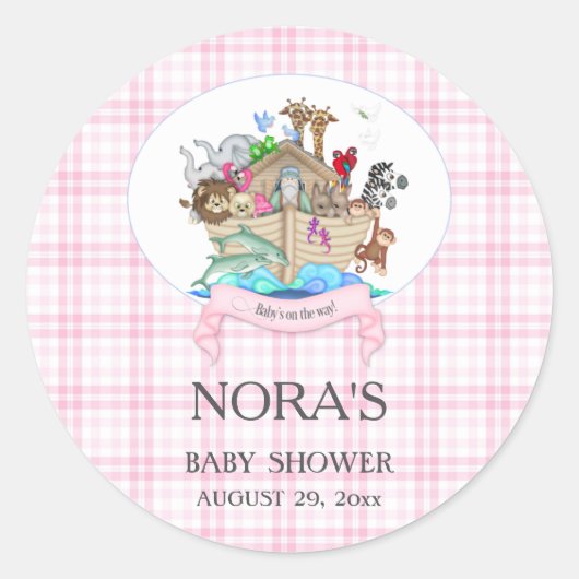 Sticker Rond Animaux de l'Arche de Noé Gingham Rose (Devant)