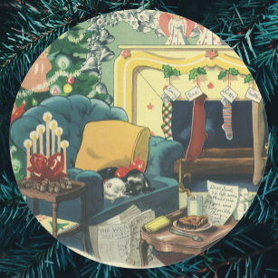 Sticker Rond Animaux de Noël Vintage dans le salon