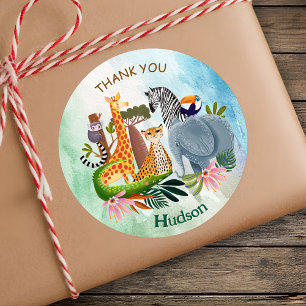 Sticker Rond Animaux de safari jungle anniversaire aquarelle
