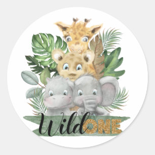 Sticker Rond Animaux de safari sauvages et feuilles tropicaux