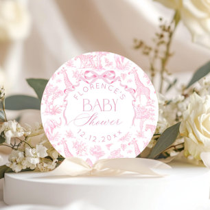 Sticker Rond Animaux de safari Toile de Jouy Rose Baby shower 