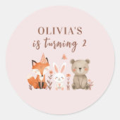 Sticker Rond Animaux des bois Anniversaire | Parti rose rustiqu (Devant)