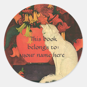 Sticker Rond Animaux vintages, ex-libris blanc élégant de chat