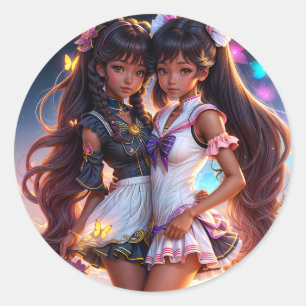 Sticker Rond Anime Black Girl Friends