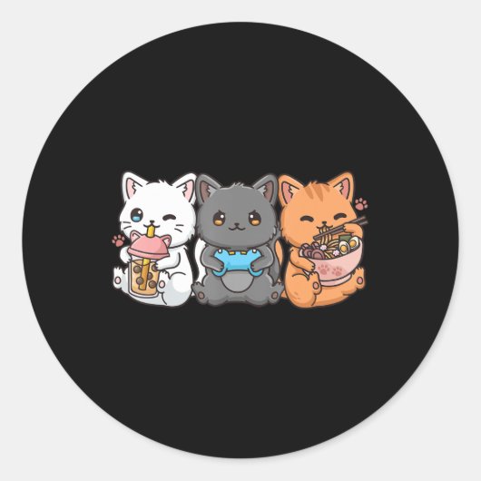 Sticker Rond Anime Boba Tea Buble Tea Jeu Gamer Ramen Cat (Devant)