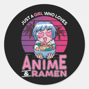 Sticker Rond Anime et Ramen Girl Otaku Retro Japonais Manga
