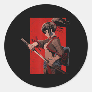 Sticker Rond Anime filles Ados Samurai Waifu japonais Otaku Kaw