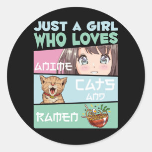 Sticker Rond Anime Girl Chat et Ramen accros aux nouilles japon