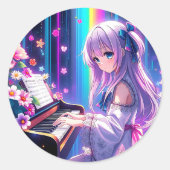 Sticker Rond Anime Girl Jouer Piano (Devant)