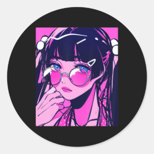 Sticker Rond Anime Girl Kawaii Waifu Pink Aesthetic Japanese Ot