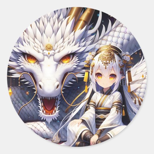 Sticker Rond Anime Girl Warrior et Dragon Ai Art (Devant)