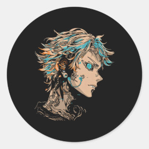 Sticker Rond Anime Manga Motif Les yeux bleus Illustration Anim