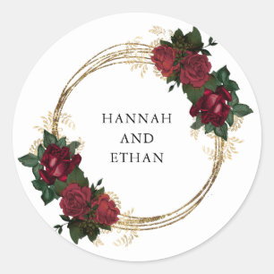 Sticker Rond Anneaux d'or et roses rouges MARIAGE