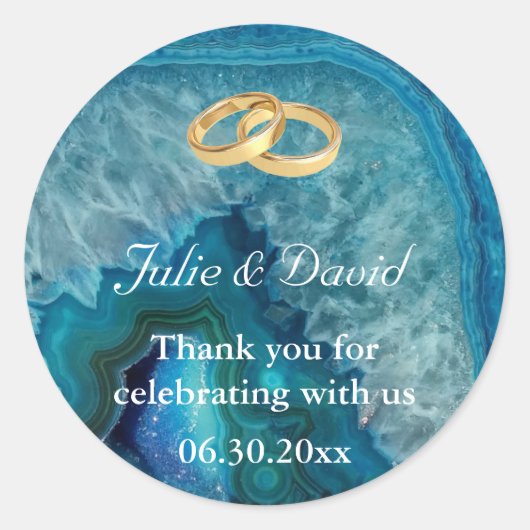 Sticker Rond Anneaux Mariage or Merci sur Agate Bleu (Devant)
