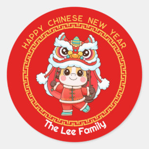 Sticker Rond Année du Cheval (Rouge et Or) CNY Mignon