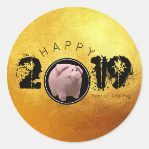 Sticker Rond Année heureuse 2019 3D original 2 d'or S rond de