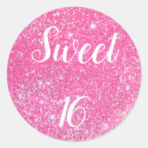 Sticker Rond Anniversaire 16 ans paillettes rose hot glitter