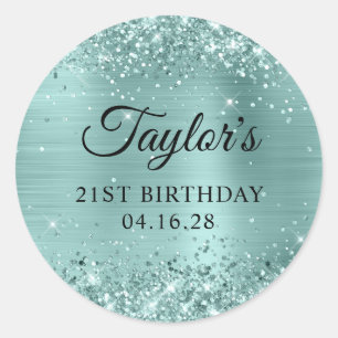 Sticker Rond Anniversaire 21 Ans Pailleté Turquoise Clair Feuil
