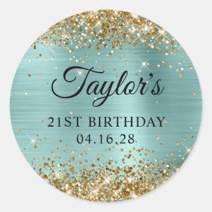 Sticker Rond Anniversaire 21 ans paillettes or turquoise pâle