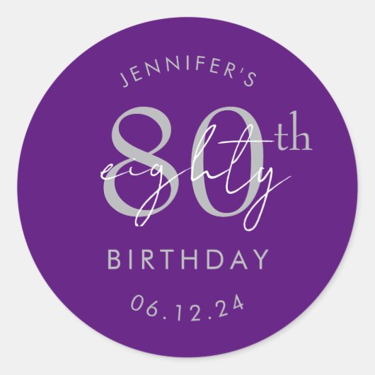 Sticker Rond Anniversaire 80 ans écriture moderne argent violet (Devant)