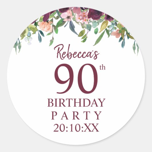 Sticker Rond Anniversaire 90 ans | Burgundy Marsala Floral Part (Devant)