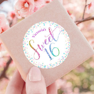 Sticker Rond Anniversaire arc-en-ciel ombré pailleté confettis