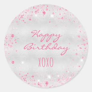 Sticker Rond Anniversaire argent rose parties scintillant pouss