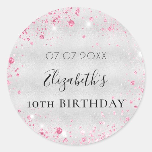 Sticker Rond Anniversaire argent rose parties scintillant pouss (Devant)