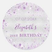 Sticker Rond Anniversaire argent violet parties scintillant nom (Devant)