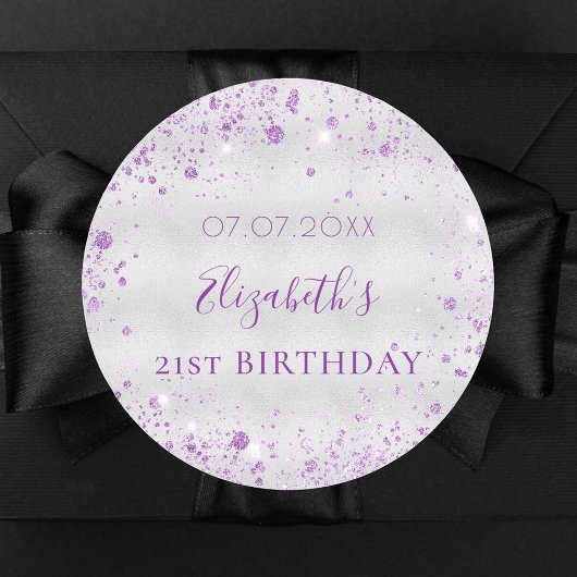 Sticker Rond Anniversaire argent violet parties scintillant nom