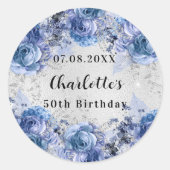Sticker Rond Anniversaire bleu argent floraux nom (Devant)