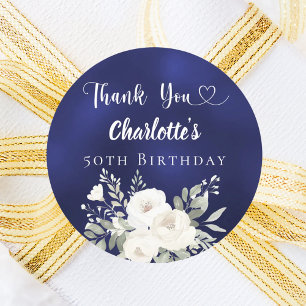 Sticker Rond Anniversaire bleu marine fleurs blanches Merci