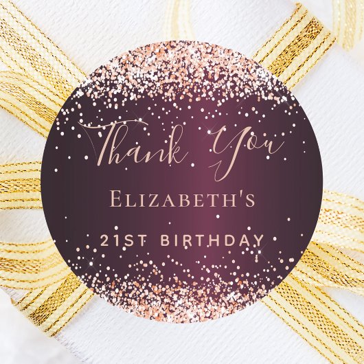 Sticker Rond Anniversaire Bourgogne rose en or confetti merci