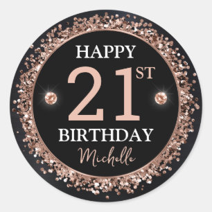 Sticker Rond Anniversaire Confettis Noir et Or Rose Pailleté