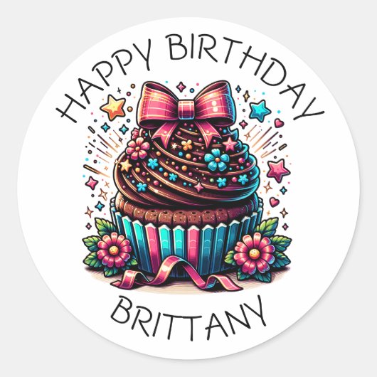 Sticker Rond Anniversaire Cupcake Whimsical Personnalisé (Devant)