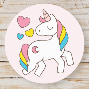 Sticker Rond Anniversaire. Cute Unicorne avec les Coeurs Cutes.