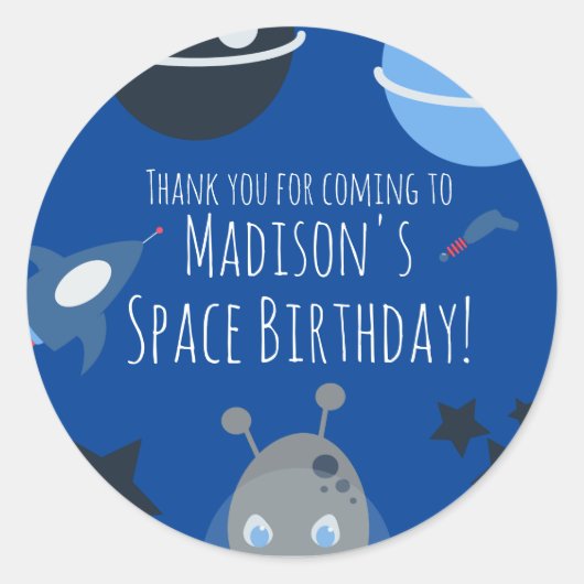 Sticker Rond Anniversaire dans l'espace Thème Alien Bleu Gris (Devant)
