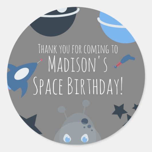 Sticker Rond Anniversaire dans l'espace Thème Alien Bleu Gris (Devant)