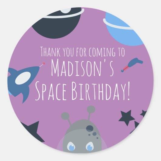 Sticker Rond Anniversaire dans l'espace Thème alien bleu violet (Devant)