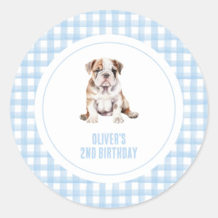 Sticker Rond Anniversaire de chiot bouledogue prépa carreaux