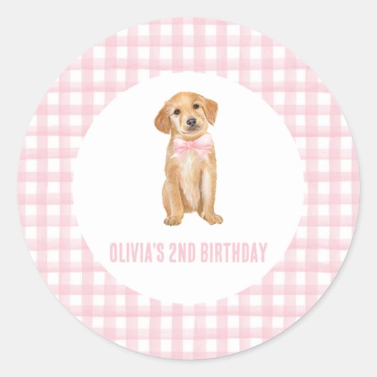 Sticker Rond Anniversaire de chiot préparé en carreaux roses (Devant)