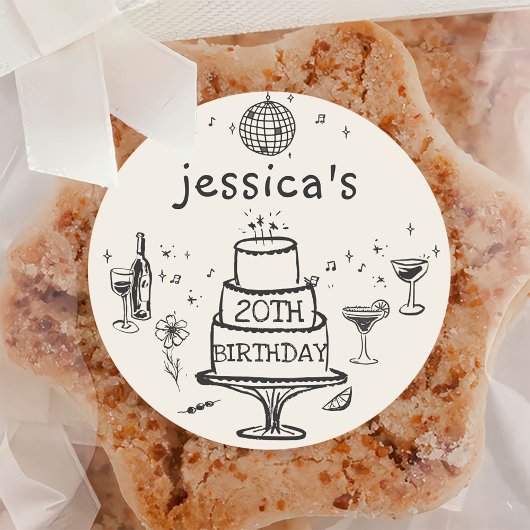 Sticker Rond Anniversaire de Cocktail Funky Dessiné à la Main a