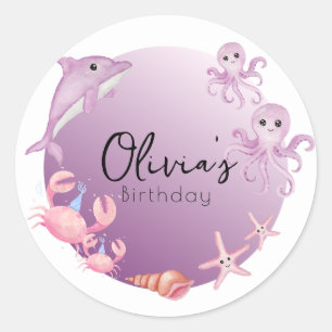 Sticker Rond Anniversaire de dauphins et méduses pourpres