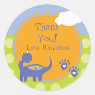 Sticker Rond Anniversaire de dinosaures violet avec Merci de po