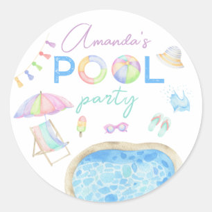 Sticker Rond Anniversaire de enfant de la fête du pool aquarell