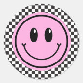 Sticker Rond Anniversaire de enfant Pink Happy Face Checker (Devant)