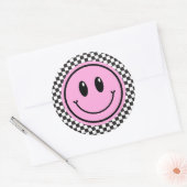 Sticker Rond Anniversaire de enfant Pink Happy Face Checker (Enveloppe)