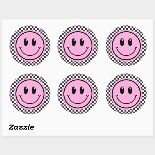 Sticker Rond Anniversaire de enfant Pink Happy Face Checker (Feuille)