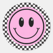 Sticker Rond Anniversaire de enfant Pink Happy Face Checker (Devant)